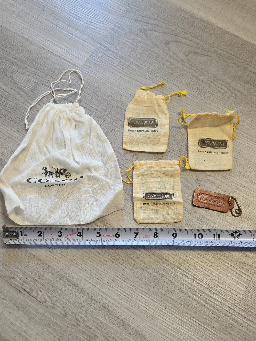 Vintage Coach Beige Drawstring Pouch Set with Coach Leather Tag